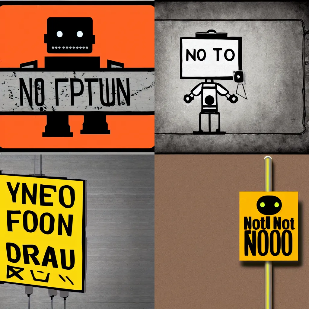 Prompt: dystopic digital painting of the robot holding up the sign saying no fun allowed