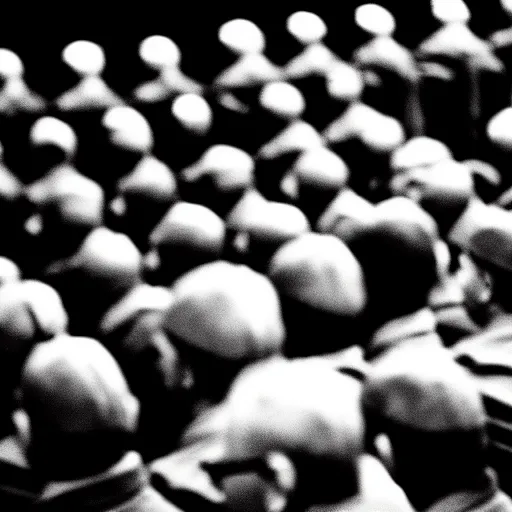 Image similar to The minions at the Nuremberg trials, monochrome, very low contrast, noise