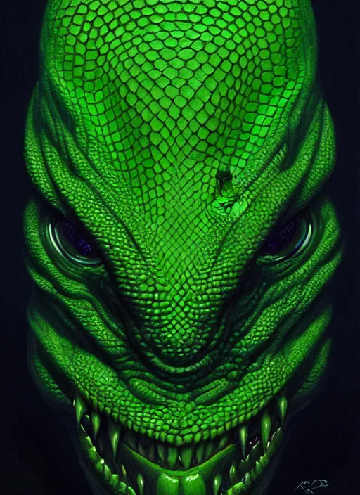 Image similar to symmetry!! portrait of a lizard man, dark green scales, horror, white glowing eyes, night time lighting, intricate, scary, highly detailed, digital painting, artstation, concept art, smooth, sharp focus, illustration, art by greg rutkowski