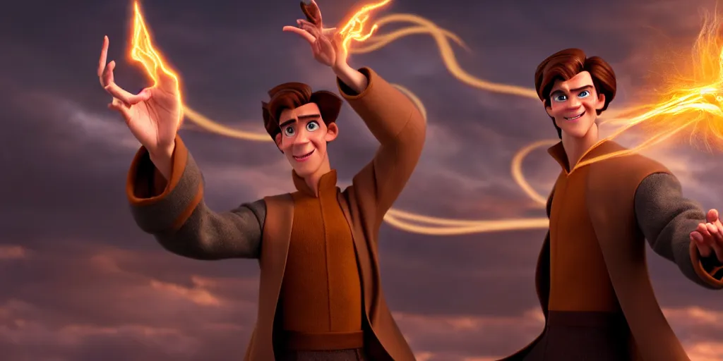 Prompt: a dramatic scene of a handsome caucasian male sorcerer with brown hair casting a spell that is emanating from his hands, action pose, medium shot, depth of field, sharp focus, waist up, pixar and dreamworks animation style