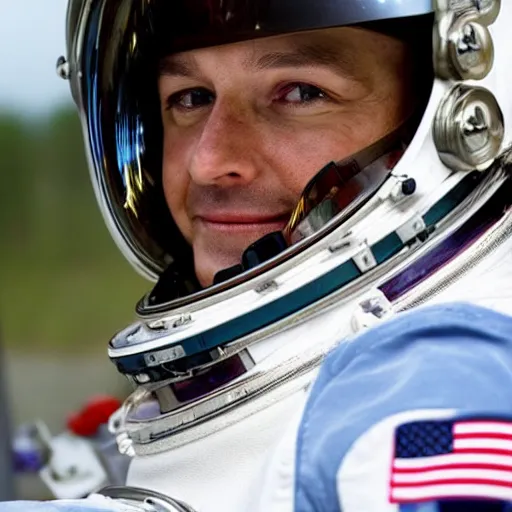 Image similar to a close up photo of an astronaut floating in space. his helmet visor is dark and reflective. you can see the reflection of flowers in his helmet visor.