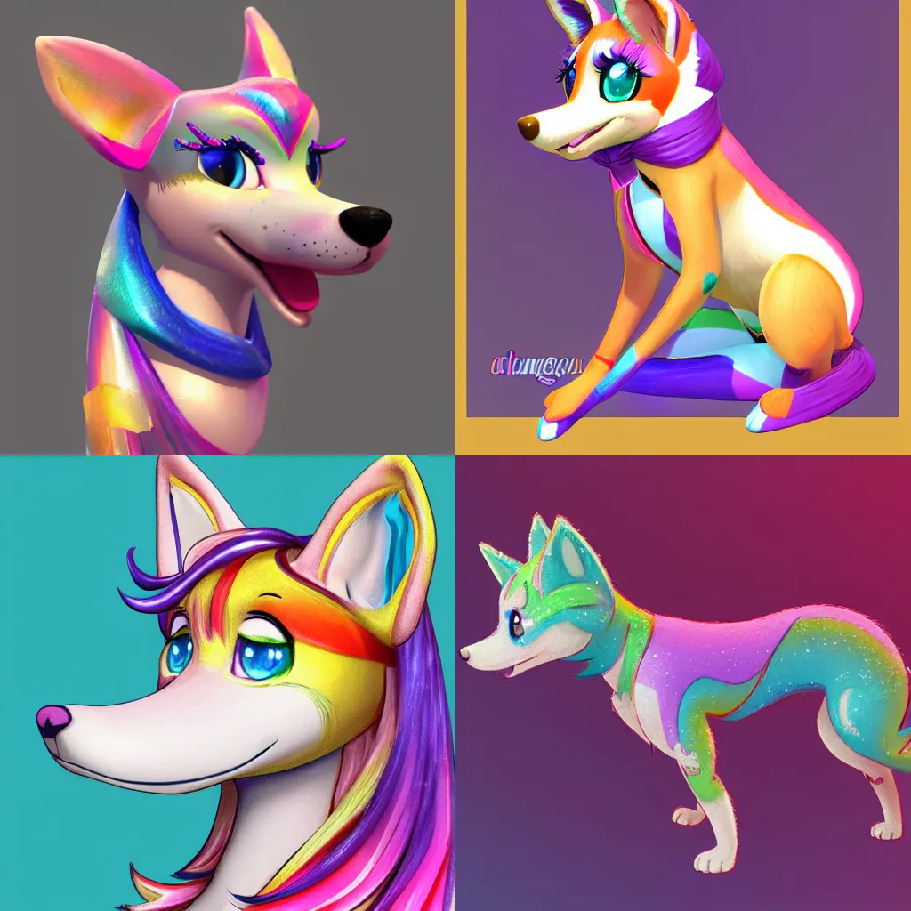 Prompt: 2d sparkle dog adoptable, side view, Littlest Pet Shoppe, 3d model, quality hair, swirly bandana, Japanese dessert themes, Japanese ice cream cone themes, UHD, colored lineart, art by larienne, tomas kinkade, Ross draws, artgerm, yuchenchong, lots of colors, Artstation, Blender