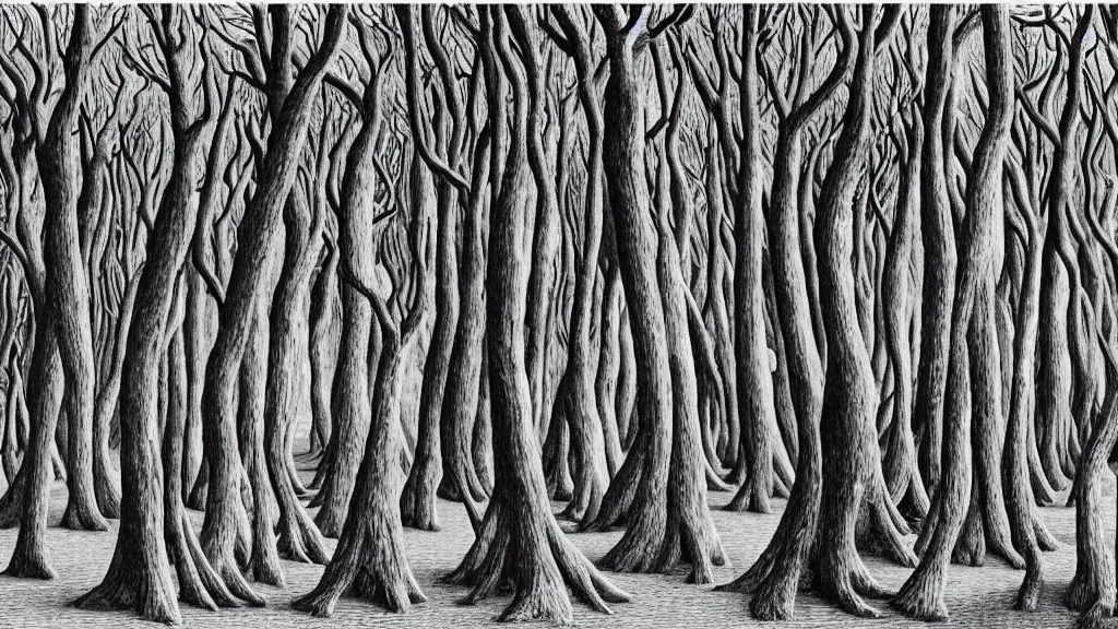 Image similar to a forest of trees that look like gnarled fingers, by chris van allsburg and m. c. escher, fine inking lines, surreal fantasy