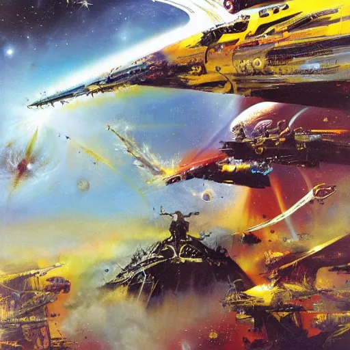 Prompt: phantom grip, the edge of the universe (on film), by John Berkey and Rodney Matthews