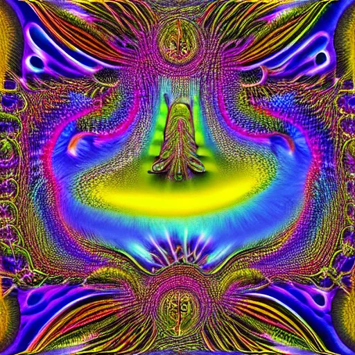 Image similar to dmt trip interdimensional beings in fractals, highly detailed, bright tones