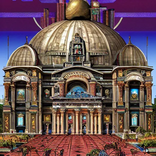 Prompt: the palace of AI, style blend of the Vatican, Neo-Andean architecture, Las Vegas, cyberpunk, and Brutalism, depicted in a mixed style of Möbius, Masamune Shirow, Rafael, neoclassical paintings, and Shepard Fairey