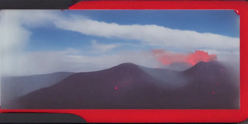 Image similar to polaroid photo of a vulcanic eruption, bright red lava, mountains in the background, clouds in the sky, a lot of smoke