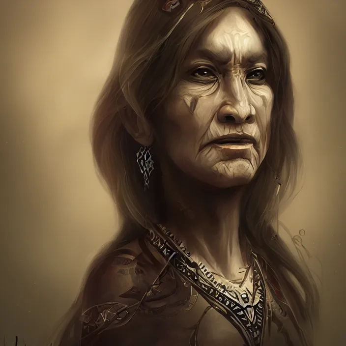 Image similar to tribal matriarch, cruelty, dark light, ambient, bokeh, hd, concept art, digital painting