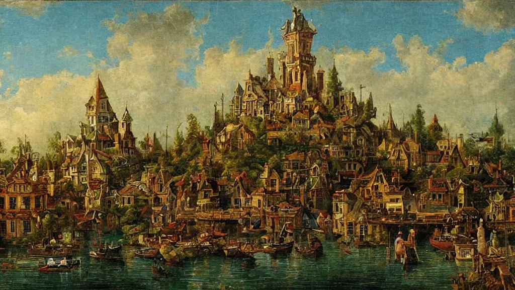 Image similar to an old enchanted fantasy town, viewed from the harbor, by jean - baptist monge,