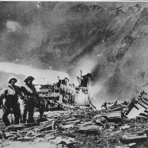 Image similar to old black and white photo, 1 9 1 3, depicting scientists around an alien wreck in the rocky mountains, historical record