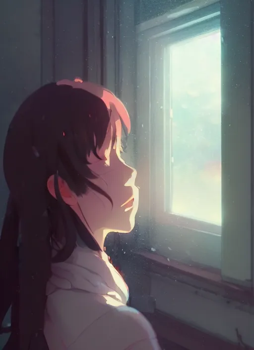 Image similar to girl near the window, rainy outside, illustration concept art anime key visual trending pixiv fanbox by wlop and greg rutkowski and makoto shinkai and studio ghibli