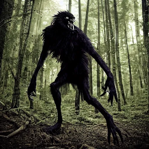 Image similar to werecreature consisting of male human and crow, photograph captured in a forest