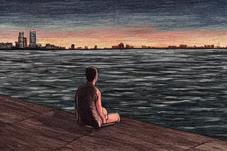 Image similar to A man sitting on a jetty, city in the background, cinematic lighting, copic markers