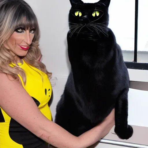 Prompt: a giant black cat with yellow eyes looking through a window at Jodie Marsh