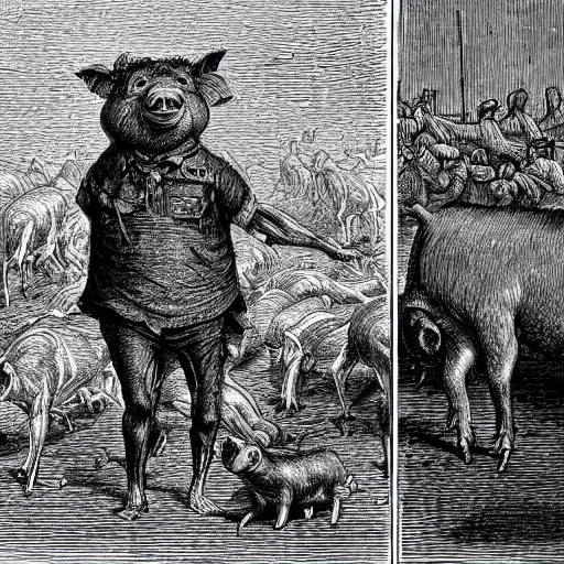 Image similar to Squealer the pig walking on his hind legs, creepy atmosphere, close-up, illustration by Gustave Doré, Animal Farm by George Orwell