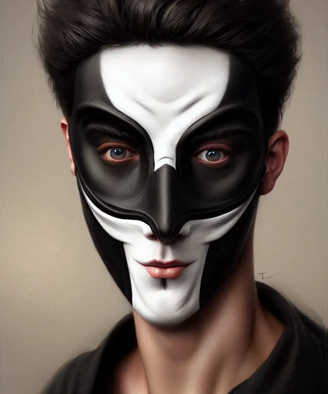 Image similar to white man with black fabric mask, short dark hair, highly detailed face!!!, true anatomy!, extremely detailed!, digital painting, unreal engine 5, art by tom bagshaw