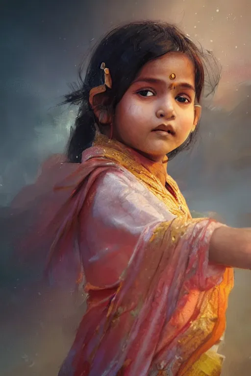 Image similar to hindu little girl, joyful, close - up portrait, intricate, elegant, volumetric lighting, scenery, digital painting, highly detailed, artstation, sharp focus, illustration, concept art, ruan jia, steve mccurry