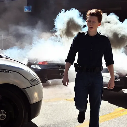 Image similar to tom holland getting arrested while exhaling a cloud of smoke, candid photography