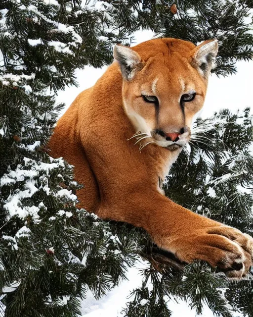 Prompt: magazine showing 'a cougar sleeping in the middle of snowy pine tree' laying on coffee table, zoomed out, HD, iphone screenshot