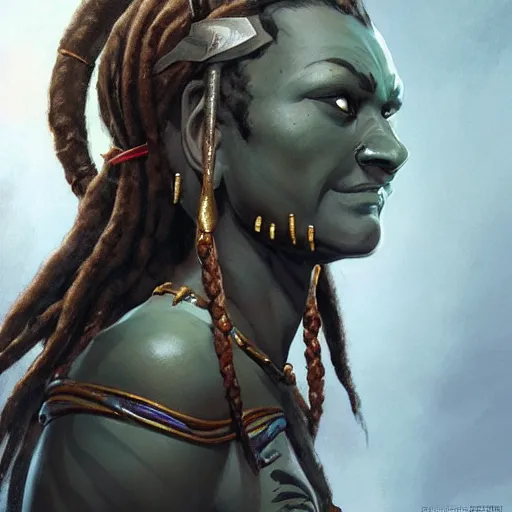 Image similar to a strong, dark-skinned female archer with dreadlocks, carrying the head of an orc, D&D, highly detailed, digital painting, artstation, concept art, sharp focus, illustration, cinematic lighting, art by artgerm and greg rutkowski and alphonse mucha
