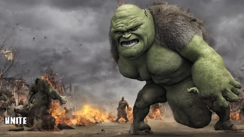 Image similar to a huge violent angry ogre huge violent angry ogre huge violent angry ogre stomps through background trailer homes and smashed trailer homes, people looking on in astonishment