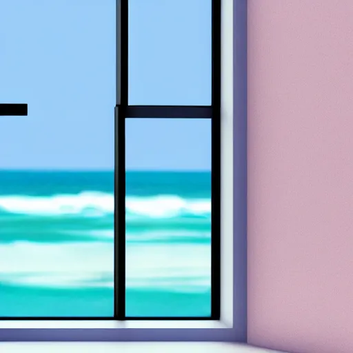 Image similar to perfume bottle on window sill in a pastel clean modern minimalist room with a view of the beach and blue skies in an easter - blue room well contoured smooth fair walls, up close shot, sharp focus, zen, clean, modern minimalist, octane highly render, 4 k, ultra hd,