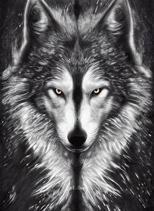 Image similar to a realistic black and white wolf in a yin yang symbol fantasy art, art by collin bogle