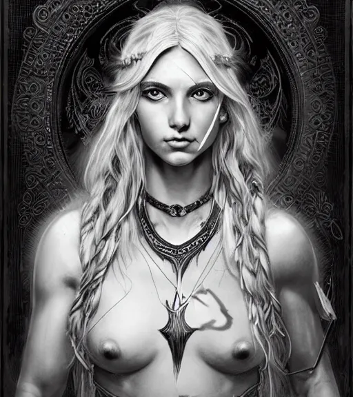 Image similar to portrait of astonishing aphrodite goddess as an archer warrior, arrow, beautiful piercing eyes, flowing blonde hair, realistic face, black and white drawing, in the style of greg rutkowski, fantasy, amazing detail, epic, intricate, elegant, smooth, sharp focus