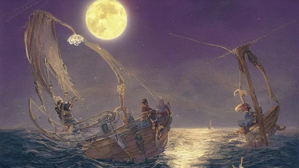 Image similar to a large!! surfacing anglerfish!!!! holds its light to a lantern - holding!!!! sailor!!!! on a ( sloop ), ( background with supermoon and purple sky ), in the styles of tom coletti, jorge jacinto, and thomas veyrat intricate, accurate details