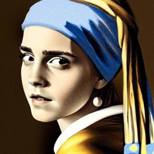 Prompt: Emma Watson with a pearl earring by Johannes Vermeer