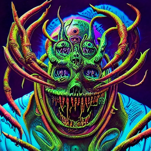 Prompt: thrash metal album cover in the style of wayne barlowe and kenny scharf and philippe druillet, realistic, insanely detailed, intricate, smooth, airbrush, play-doh