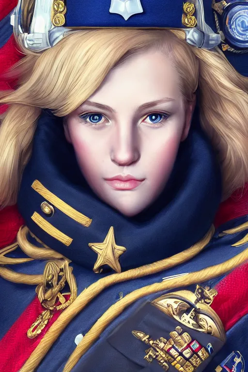 Image similar to beautiful portrait of a female officer wearing a fancy naval uniform, art by wlop and artgerm, science fiction, intricate detail, blonde hair, space background, trending on artstation, sharp focus, illustration, caustics, octane render, radiant light, 4 k