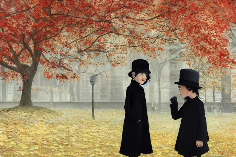 Prompt: a thin man in a black coat and bowler hat talks with small young girl who is dressed in a red coat and a red hat, park, autumn, 1923, wide angle, high detail, By Makoto Shinkai, Stanley Artgerm Lau, WLOP, Rossdraws, James Jean, Andrei Riabovitchev, Marc Simonetti, krenz cushart, Sakimichan, D&D trending on ArtStation, digital art,