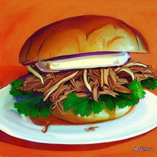 Prompt: pulled pork sandwich, artwork of time okamura