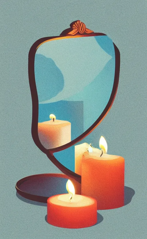 Image similar to illustration with beautiful scented candles, close - up photo in cozy interior, candle lighting, shadow play, light refraction, mirror, glowing, an art deco painting by tom whalen, trending on behance, art deco, digital illustration, storybook illustration, grainy texture, flat shading, vector art, airbrush, pastel, watercolor, poster