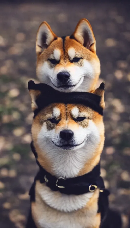 Image similar to a portrait shiba inu wearing a a black turtle neck and wearing a black barret, looking at the camera, bokeh, depth of feild, dslr photo