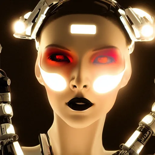 Image similar to an immaculate octane redshift high key lighting headshot rendering of an attractive curvy cybernetic goth woman with embedded LEDs, a cybernetic eye, and an exoskeleton.