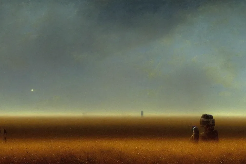 Prompt: sci-fi painting of a large alien city on the vast wheat fields, the closed back view of one humanoid robot on the ground, by Ivan Aivazovsky, godrays, detailed