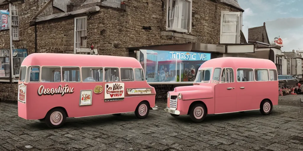 Prompt: digital matte glossy painting nostalgic 1 9 5 0 s ice cream van and village britain, detailed in the style of trevor mitchell