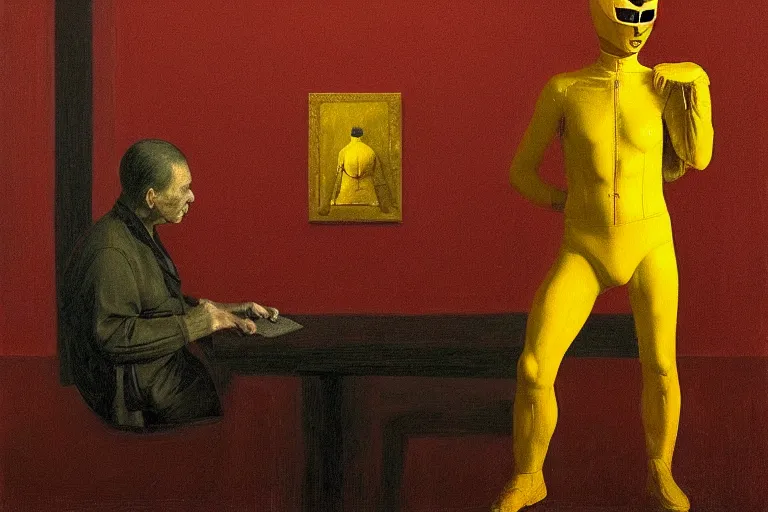 Prompt: portrait, yellow ranger, an exposed picture in a roman theater is trying to be sold by an old man, in the style of beksinski, parts by edward hopper, parts by rodcenko, parts by yue minjun, intricate and epic composition, red by caravaggio, insanely quality, highly detailed, masterpiece, red light, artstation, 4 k