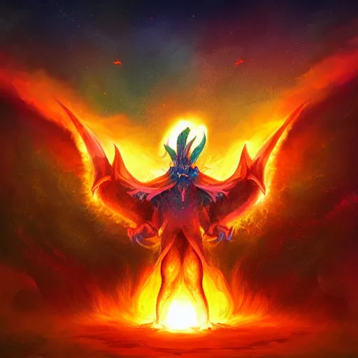 Image similar to A dracolich summoning the sun as fire rains down, solar flare, awesome, inspiring, fiery palette, digital art