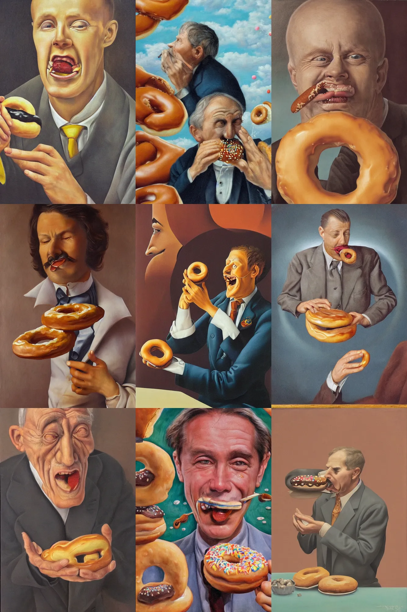 Prompt: A detailed surrealism painting of a man eating a doughnut