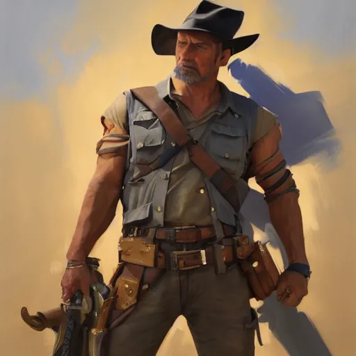 Image similar to greg manchess portrait painting of partially armored indiana jones as overwatch character, medium shot, asymmetrical, profile picture, organic painting, sunny day, matte painting, bold shapes, hard edges, street art, trending on artstation, by huang guangjian, gil elvgren, ruan jia, randy vargas, greg rutkowski