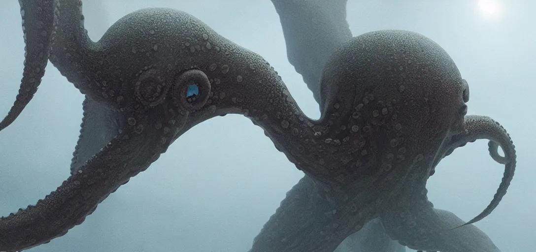 Image similar to an octopus trapped in a bottle, foggy, cinematic shot, photo still from movie by denis villeneuve, wayne barlowe