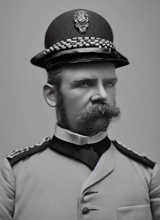 Image similar to portrait of a victorian police officer, highly detailed, cinematic lighting, close up, volumetric, realistic, photograph by elliott & fry