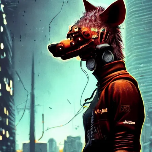 Image similar to new york city portrait of furry anthro anthropomorphic spotted hyena head animal person fursona wearing clothes strange cybernetic muzzle gloomy rainy screenshot from the video game cyberpunk 2077 digital art by Greg Rutkowski, Simon Stalenhag, christopher nolan trending on Artstation, CGSociety