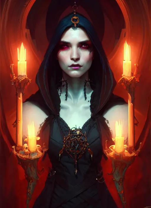 Image similar to Necromancer Sorceress, fantasy magic, undercut hairstyle, dark light night, intricate, elegant, sharp focus, illustration, highly detailed, digital painting, concept art, matte, art by WLOP and Artgerm and Greg Rutkowski and Alphonse Mucha, masterpiece