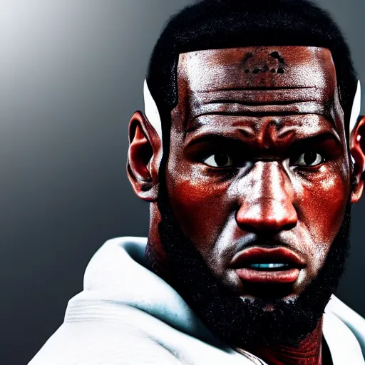 Prompt: a videogame still of Lebron James in Tekken 7, portrait, 40mm lens, shallow depth of field, close up, split lighting, cinematic