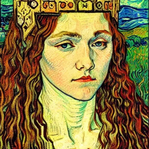 Image similar to detailed realistic beautiful young medieval queen face portrait by jean delville and vincent van gogh, art nouveau, symbolist, visionary, gothic, pre - raphaelite