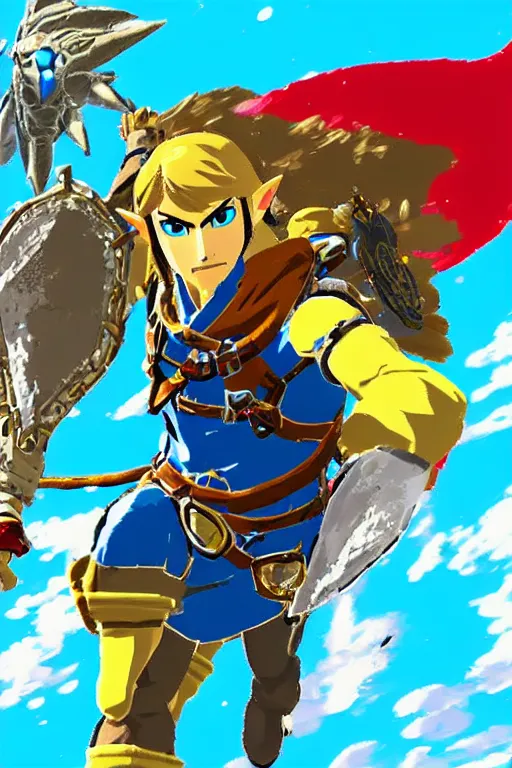 Prompt: in game footage of captain falcon from the legend of zelda breath of the wild, breath of the wild art style.